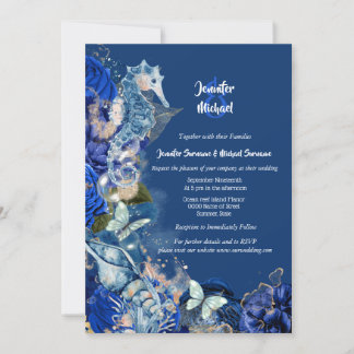 Invitación Boda naranja azul mariposa de playa caballito de m
