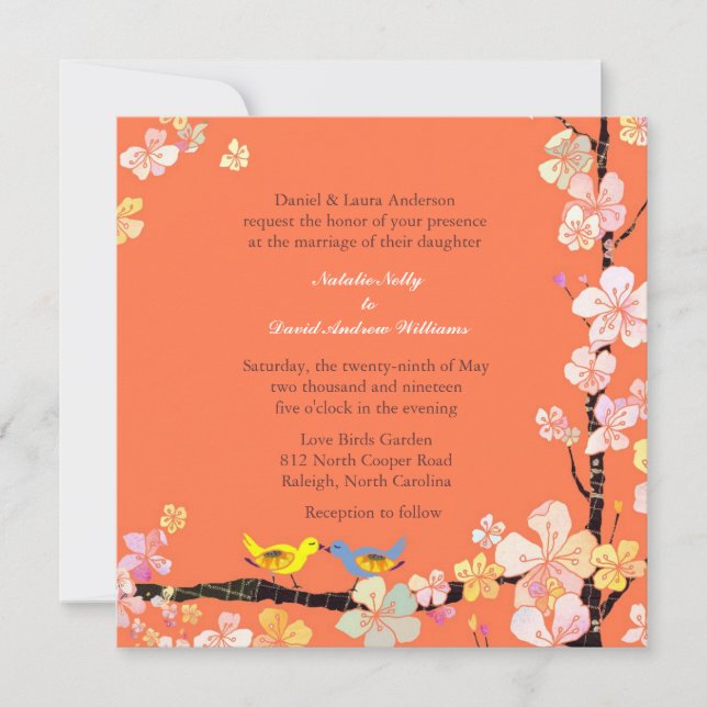 Invitación Boda Naranja de Besando Aves de Amor (Anverso)