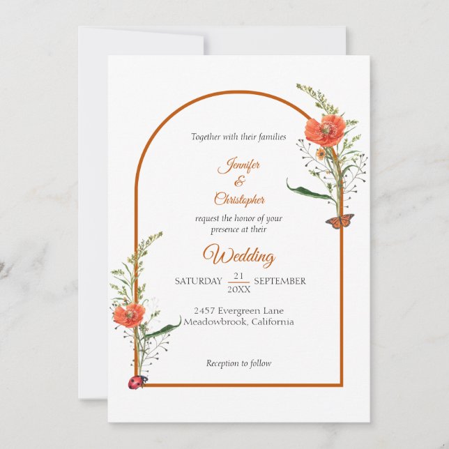 Invitación Boda Naranja de Boho Arch Wildflower (Anverso)