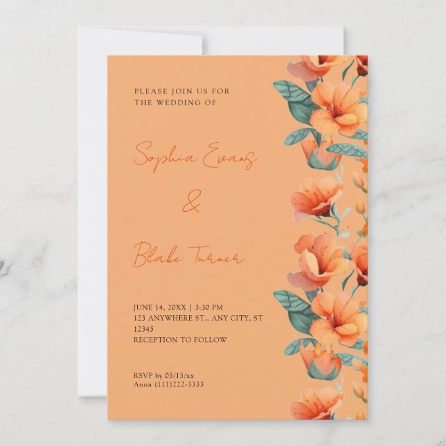 Invitación Boda Naranja de flores Naranjas modernas (Anverso)