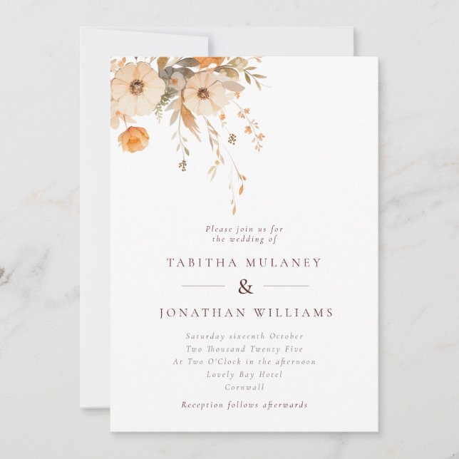Invitación Boda Naranja de Flores Silvestres de Caída Simple (Anverso)