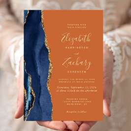 Invitación Boda Naranja de la Marina Blue Gold Agate
