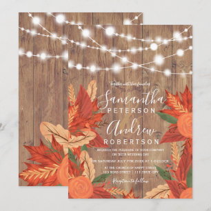 Invitación Boda naranja de luces de cuerda de madera marrón r