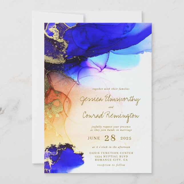 Invitación Boda Naranja de oro azul de zafiro moderno (Anverso)