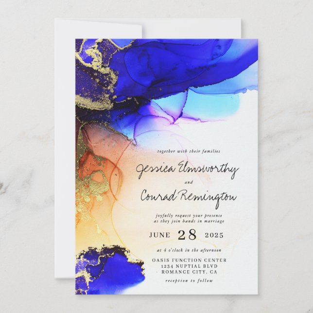 Invitación Boda Naranja de oro azul moderno (Anverso)