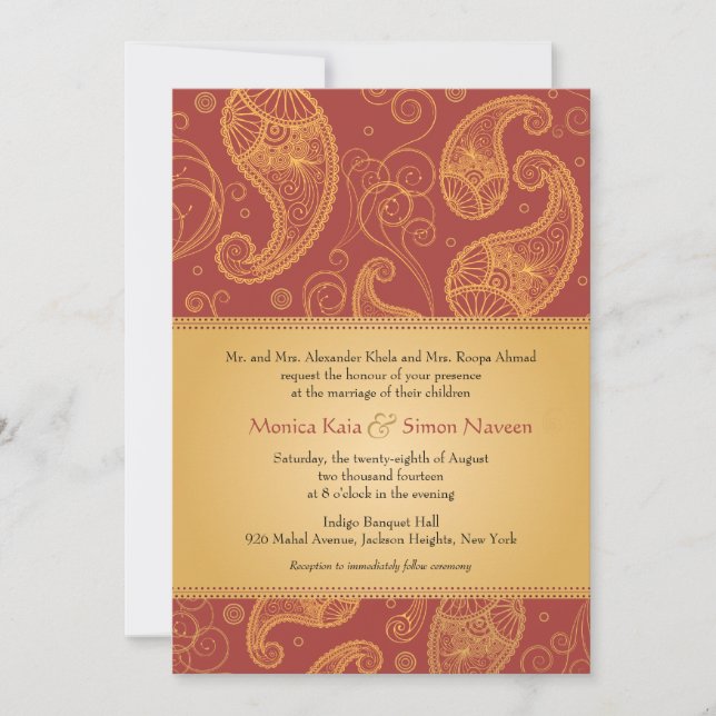 Invitación Boda Naranja de Oro Paisley Dreams (Anverso)