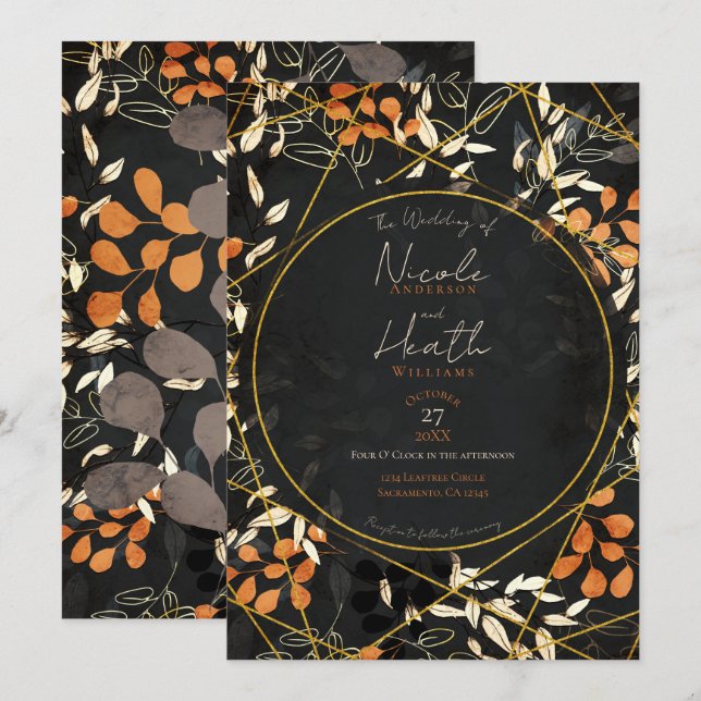Invitación Boda Naranja Dorado Floral Oscuro Caída Negrita (Anverso / Reverso)