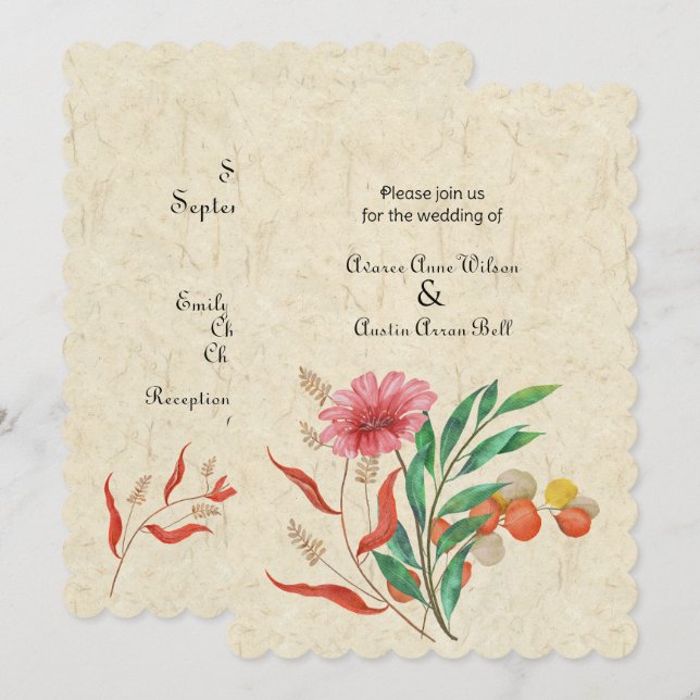 Invitación Boda Naranja floral de otoño (Anverso / Reverso)