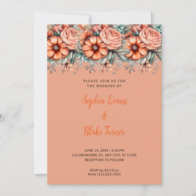 Invitación Boda Naranja naranja Flores y Verdor (Anverso)