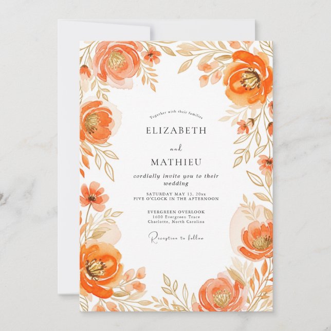 Invitación Boda naranja ornamentada de primavera (Anverso)