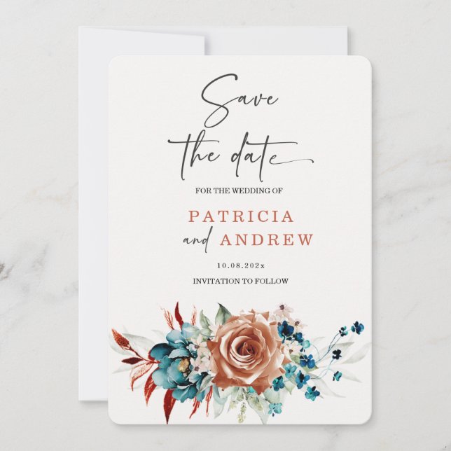 Invitación Boda Naranja verde azulada y quemada Guardar la fe (Anverso)
