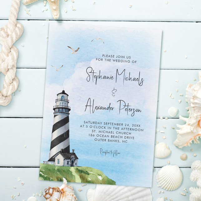 Invitación Boda naumático del faro de acuarela (Subido por el creador)