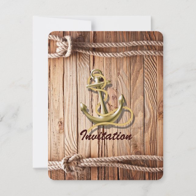 Invitación Boda náutica ancla de madera costera rústica (Anverso)