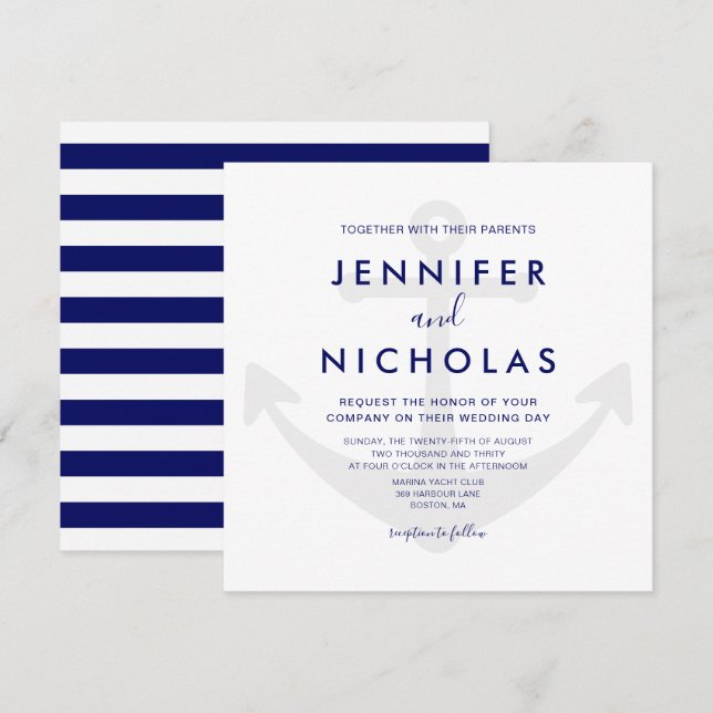 Invitación Boda náutica azul de la Marina moderna (Anverso / Reverso)