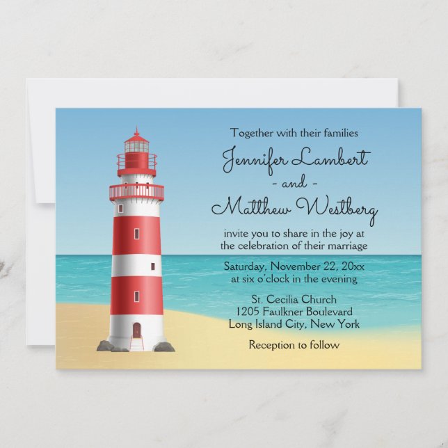 Invitación Boda náutica azul de la playa del faro (Anverso)