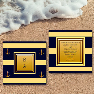 Invitación Boda náutica azul marino amarillo rayas ancla