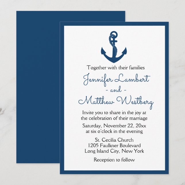 Invitación Boda Náutica Azul Marino Ancla Marinero Playa (Anverso / Reverso)