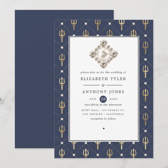 Invitación Boda náutica azul y dorada (Anverso / Reverso)