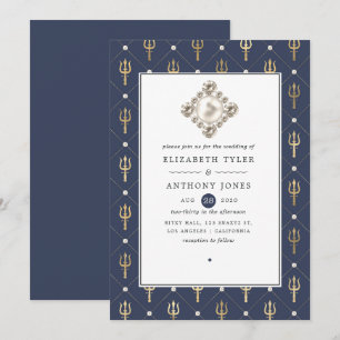 Invitación Boda náutica azul y dorada