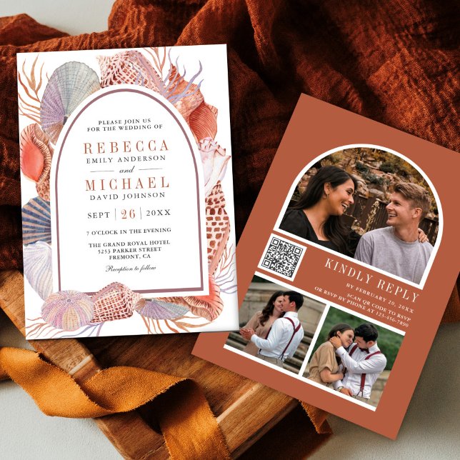 Invitación Boda Náutica Boho Rústica con Código QR de Conchas (Subido por el creador)