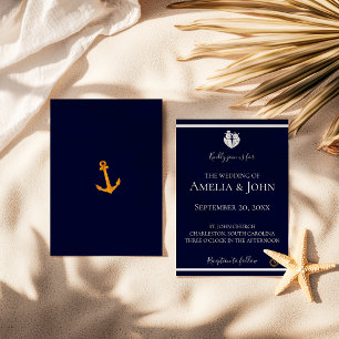 Invitación Boda náutica de azul marino costera dorada