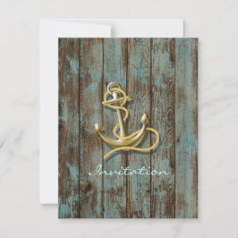 Invitación boda náutica de madera de muelle azul ancla