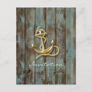 Invitación boda náutica de madera de muelle azul ancla