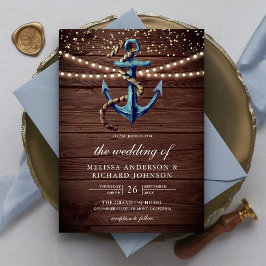 Invitación Boda Náutica de Madera Rústica Ancla Azul Marino