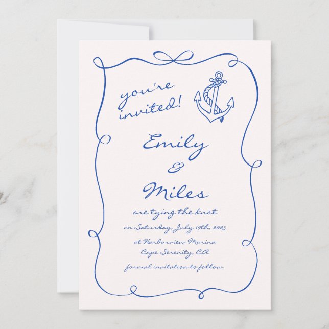 Invitación Boda Náutica De Mano Dibujada Salvar La Fecha (Anverso)