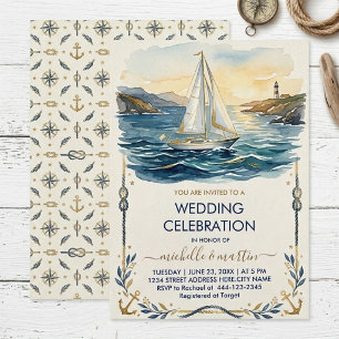 Invitación Boda náutica de Navy y Gold Boda en barco de vel
