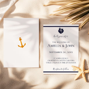 Invitación Boda náutica de oro blanco costero azul marino