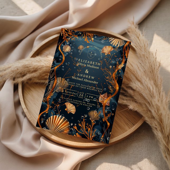 Invitación Boda náutica de oro en el mar profundo de medianoc (Subido por el creador)