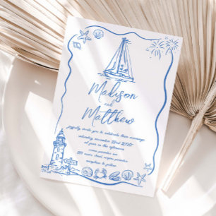 Invitación Boda náutica de playa con garabatos dibujados a ma