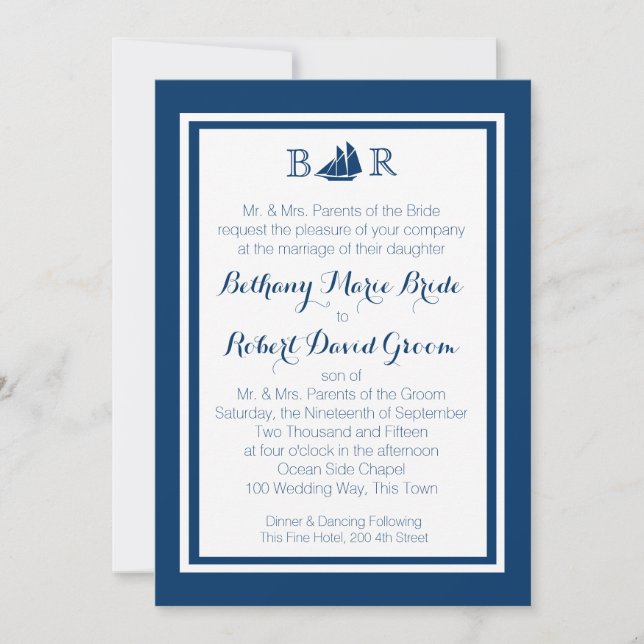 Invitación Boda náutica del monograma del velero (Anverso)