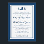 Invitación Boda náutica del monograma del velero<br><div class="desc">Invitación náutica del boda de los azules marinos con,  monograma clásico y frontera y rayas azules modernas. Personalice con su propio texto y colores.</div>