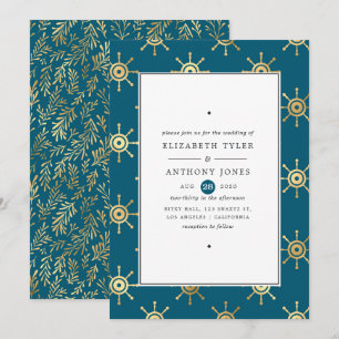 Invitación Boda náutica en verde azulado y dorado
