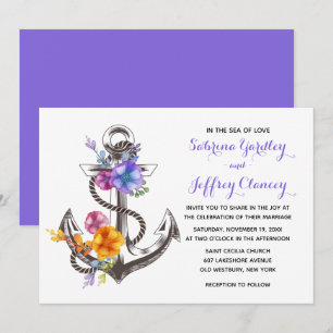 Invitación Boda Náutica Floral Ancla Playa Verano Púrpura