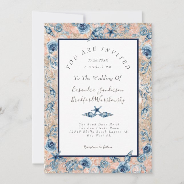 Invitación Boda Náutica Flores De Marea De Playa Rosa Wed (Anverso)