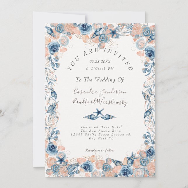 Invitación Boda Náutica Flores De Marea De Playa Rosa Wed (Anverso)