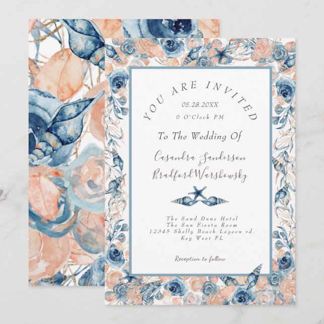 Invitación Boda Náutica Flores De Marea De Playa Rosa Wed (Anverso / Reverso)