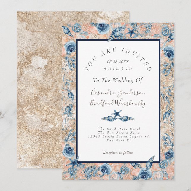 Invitación Boda Náutica Playa Mar Concha Flores Rosa LT I (Anverso / Reverso)