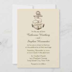 Invitación Boda Náutica Vintage Ancla de Barco Marrón Beige