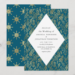 Invitación Boda náutica vintage en verde azulado y dorado
