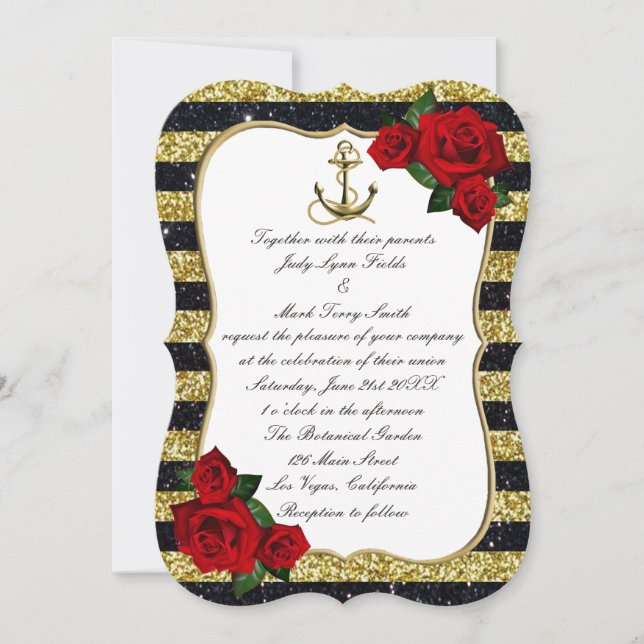 Invitación Boda Nautical Anchor Gold Black Stripes Beach (Anverso)