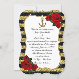 Invitación Boda Nautical Anchor Gold Black Stripes Beach