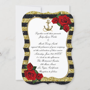 Invitación Boda Nautical Anchor Gold Black Stripes Beach