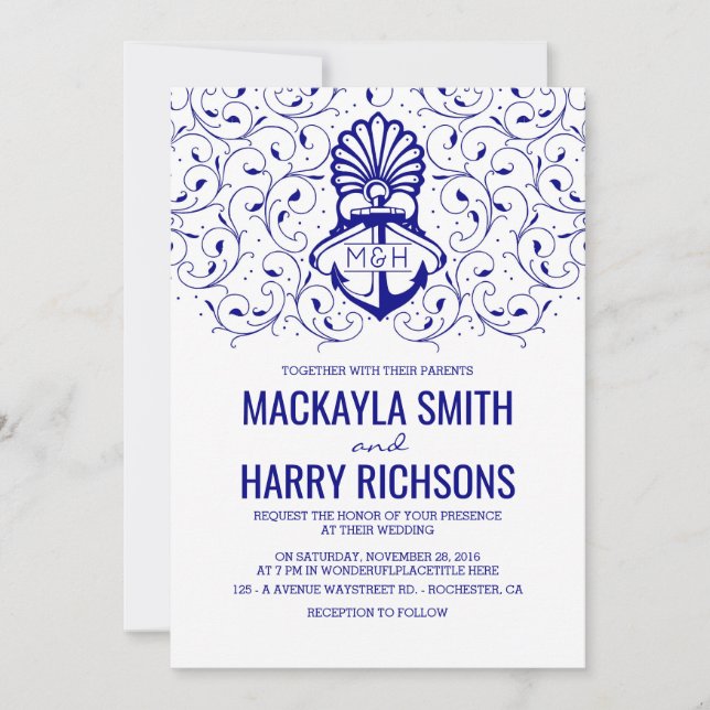 Invitación Boda Nautical Beach Anchor de la Marina (Anverso)