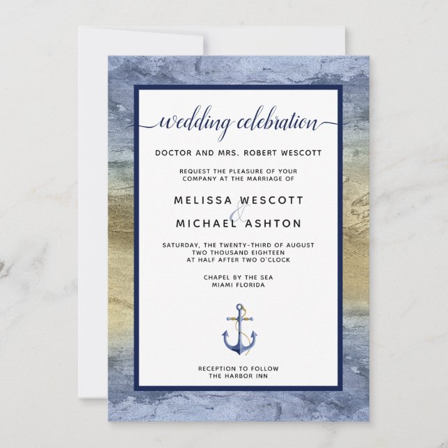 Invitación Boda Nautical Blue & Gold Event / Florida (Anverso)