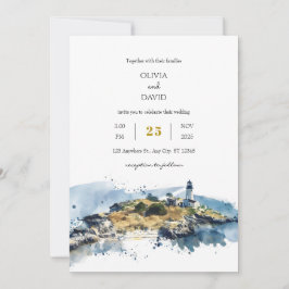 Invitación Boda Nautical Blue Lighthouse Watercolor Beach