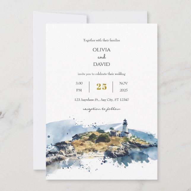 Invitación Boda Nautical Blue Lighthouse Watercolor Beach (Anverso)